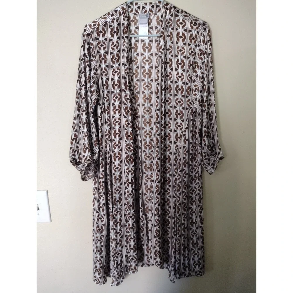 Chicos Duster Cardigan Brown White Geometric Tribal Open Front XXS XS 00 0